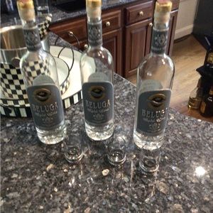 Beluga bundle of empty bottles and 3 shots glasses new